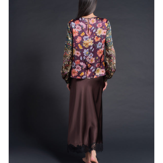 Kali Long Half Slip in Espresso Silk Crepe Backed Heavy Satin with Lace