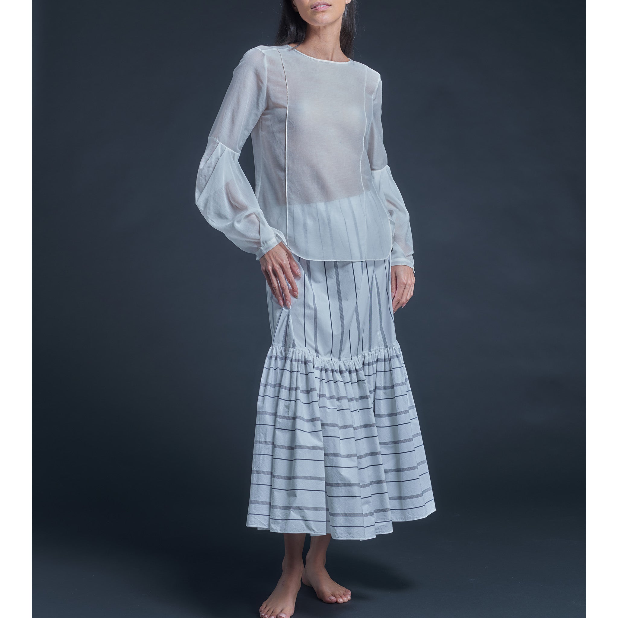 Longer Brigitte Ruffle Skirt in Italian Cotton - Wide White Blue Stripe