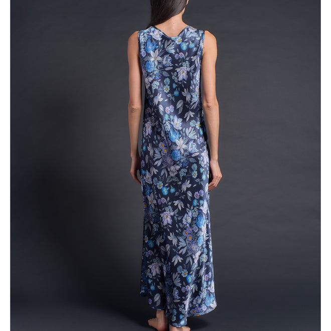 Ariadne Bias Cut Slip Dress in Blue Floral Edit + Stately Bouquet Liberty Print Silk Satin