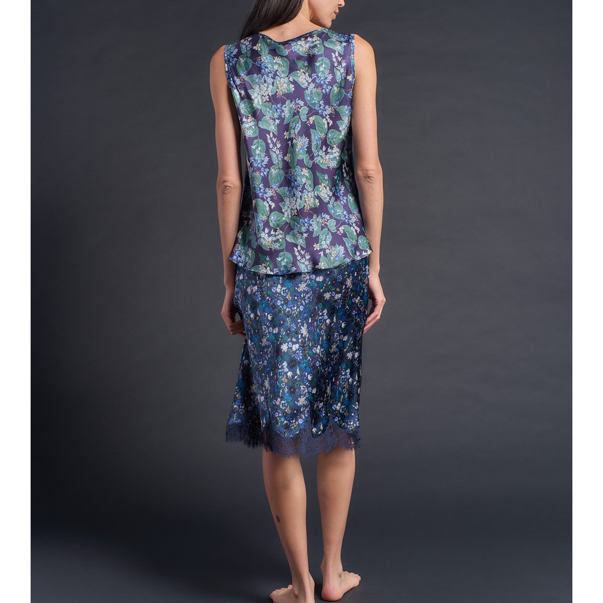 Kali Half Slip in Blue Edit Liberty Print Silk Charmeuse with Lace