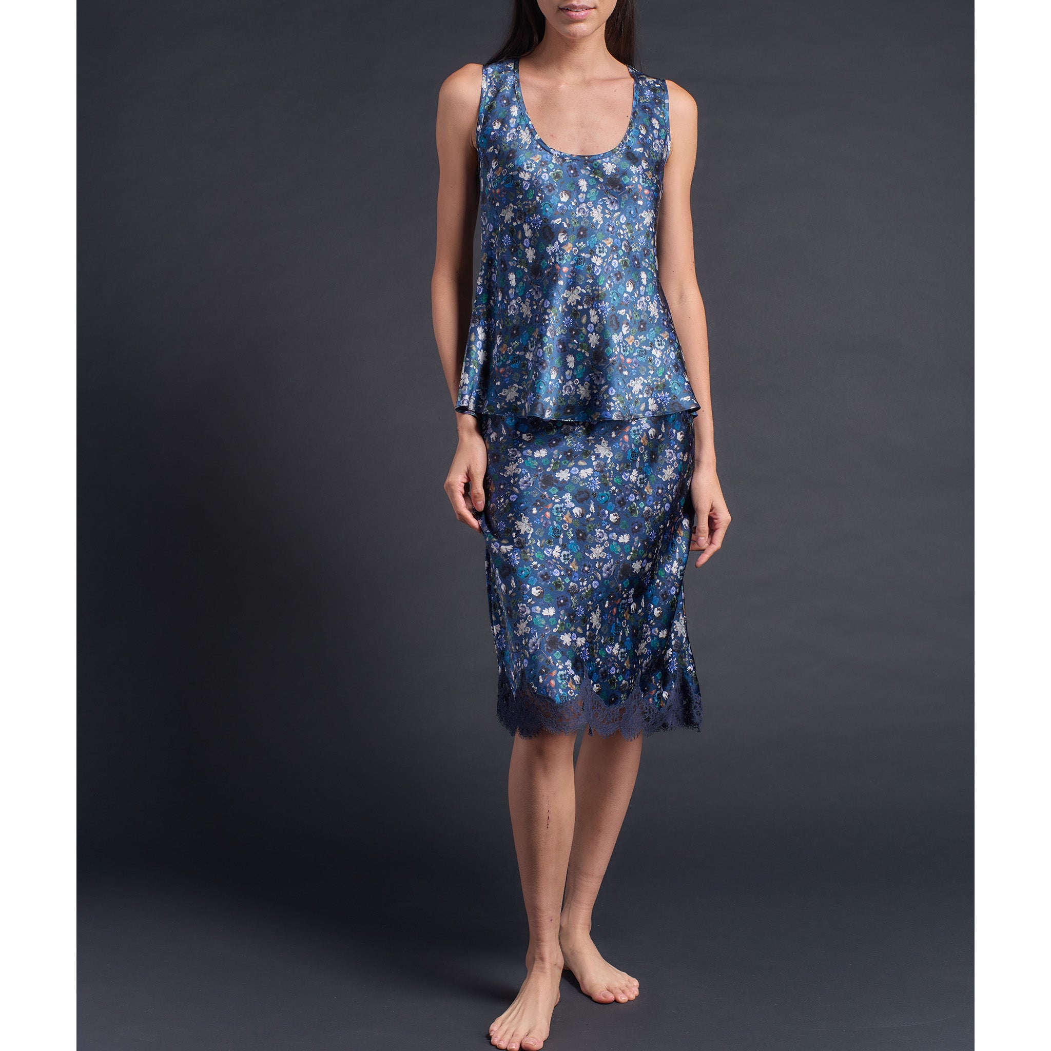 Kali Half Slip in Blue Edit Liberty Print Silk Charmeuse with Lace