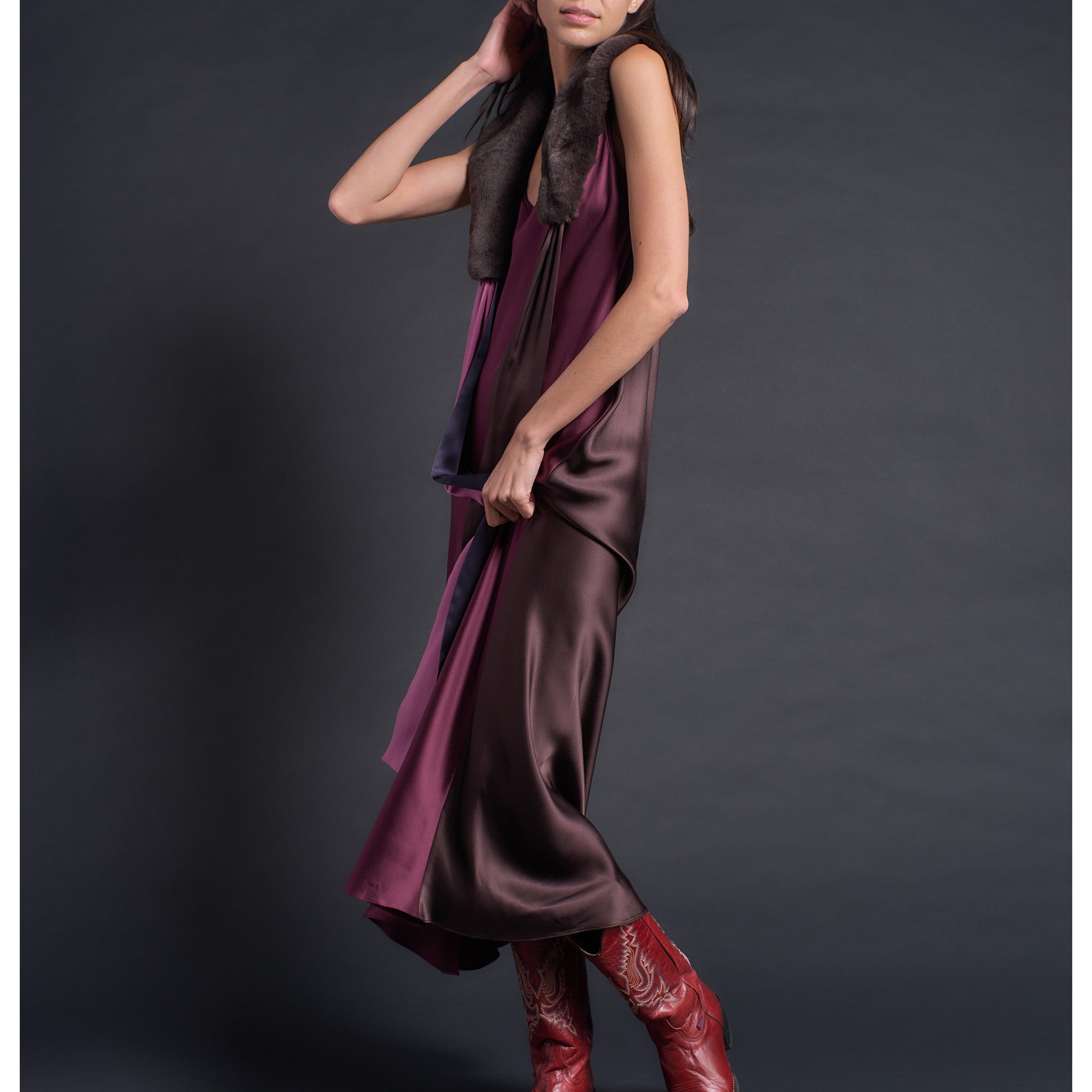 Ariadne Bias Cut Slip Dress in Garnet Espresso Silk Charmeuse