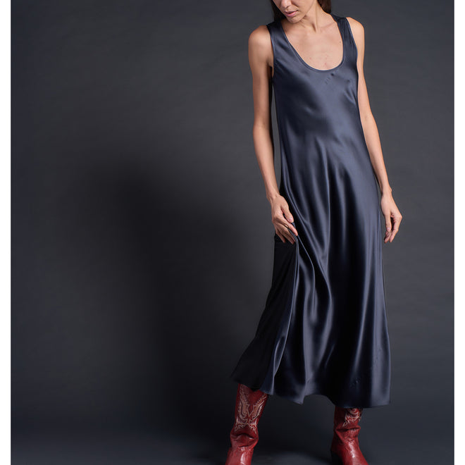 Ariadne Bias Cut Slip Dress in Sapphire Black Silk Charmeuse