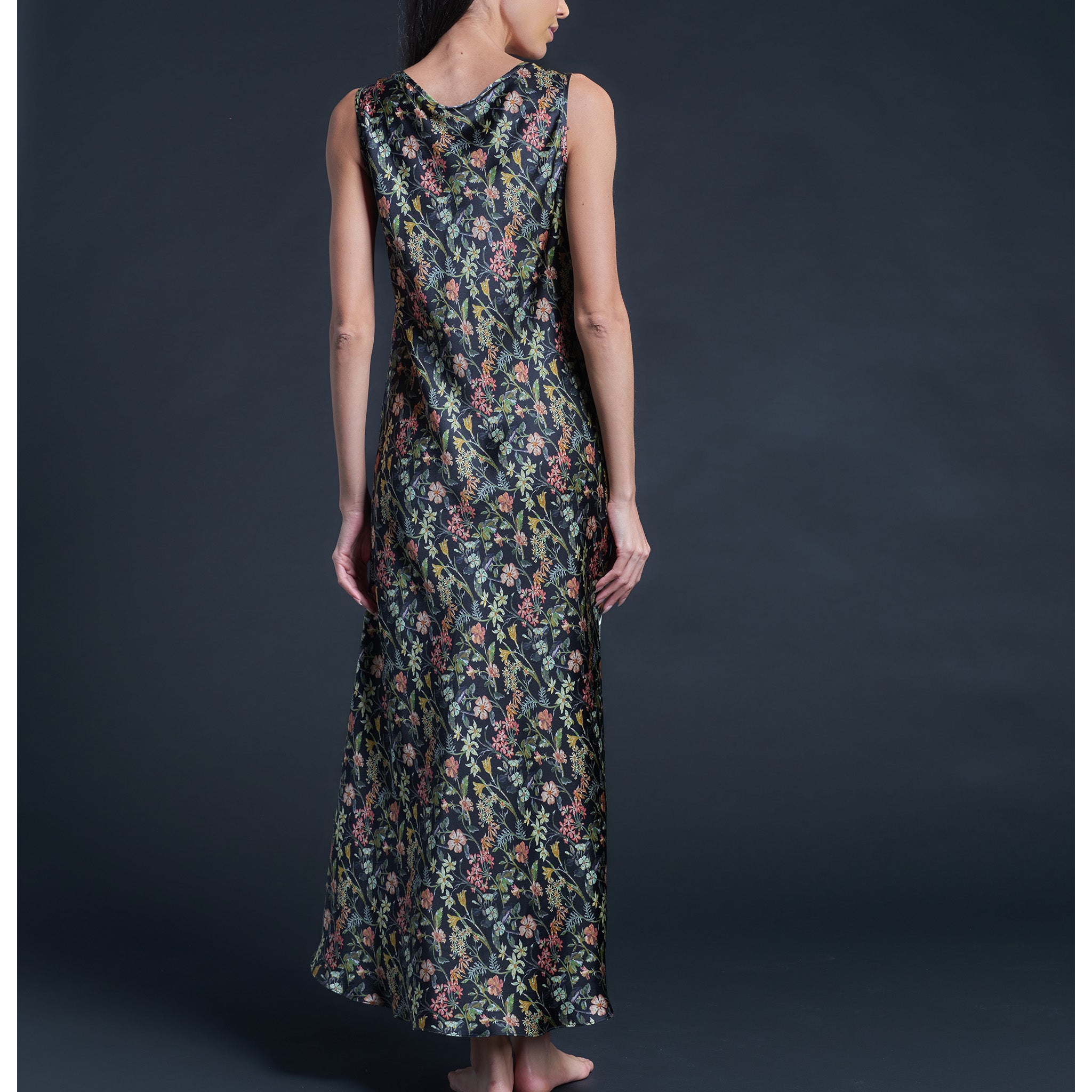 Ariadne Bias Cut Slip Dress in Black Stately Bouquet Liberty Print Sil – LFrank