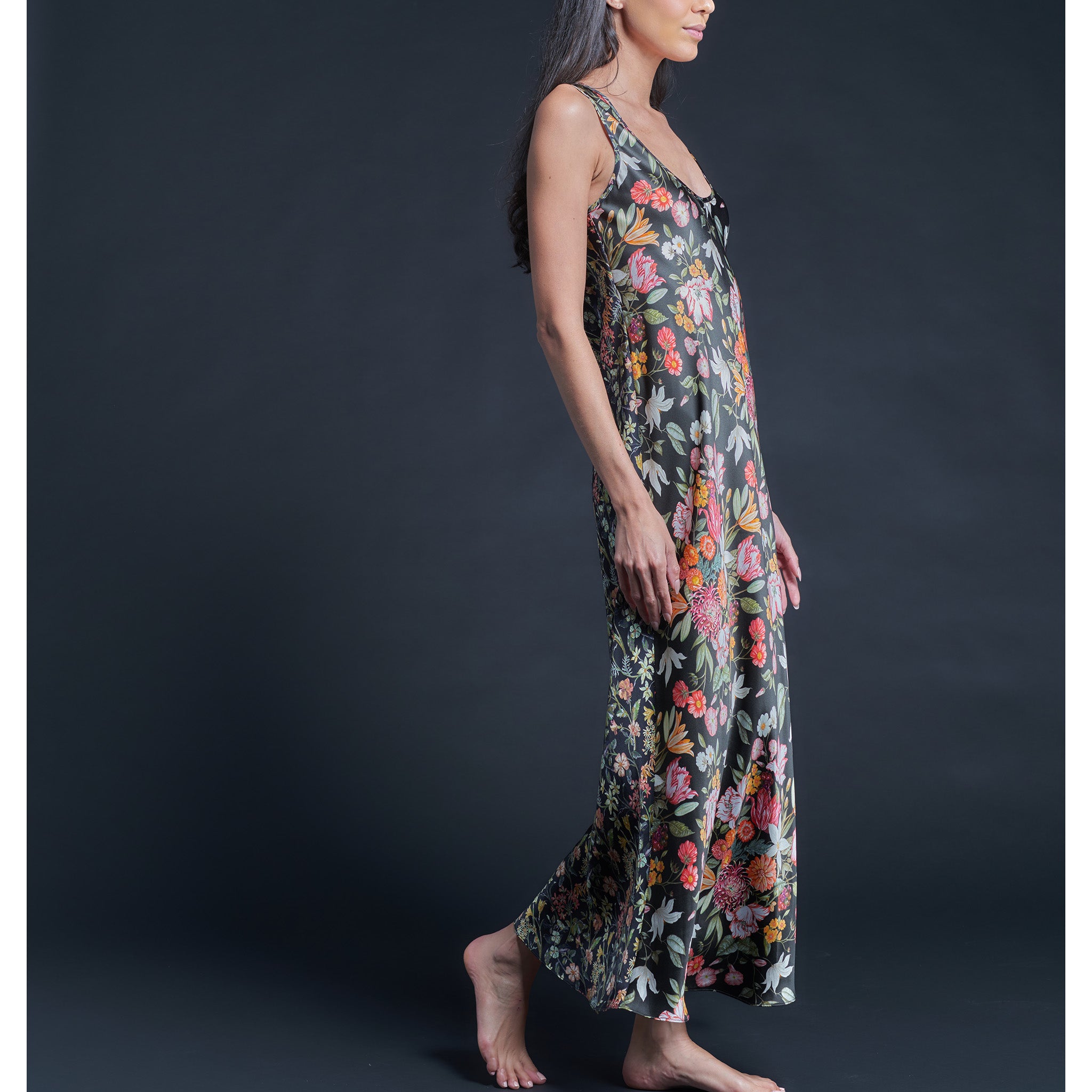 Ariadne Bias Cut Slip Dress in Black Stately Bouquet Liberty Print Silk Charmeuse