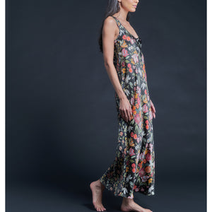 Ariadne Bias Cut Slip Dress in Black Stately Bouquet Liberty Print Silk Charmeuse
