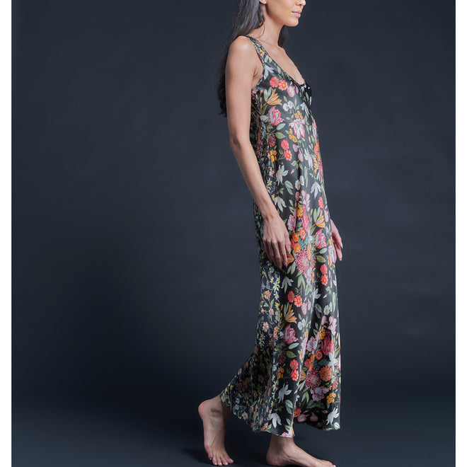 Ariadne Bias Cut Slip Dress in Black Stately Bouquet Liberty Print Silk Charmeuse