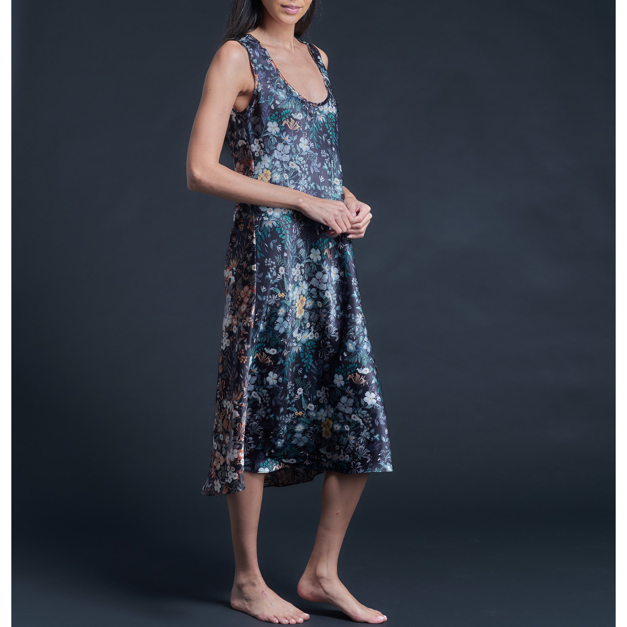 Ariadne Bias Cut Midi Slip Dress in Liberty Print Silk Charmeuse