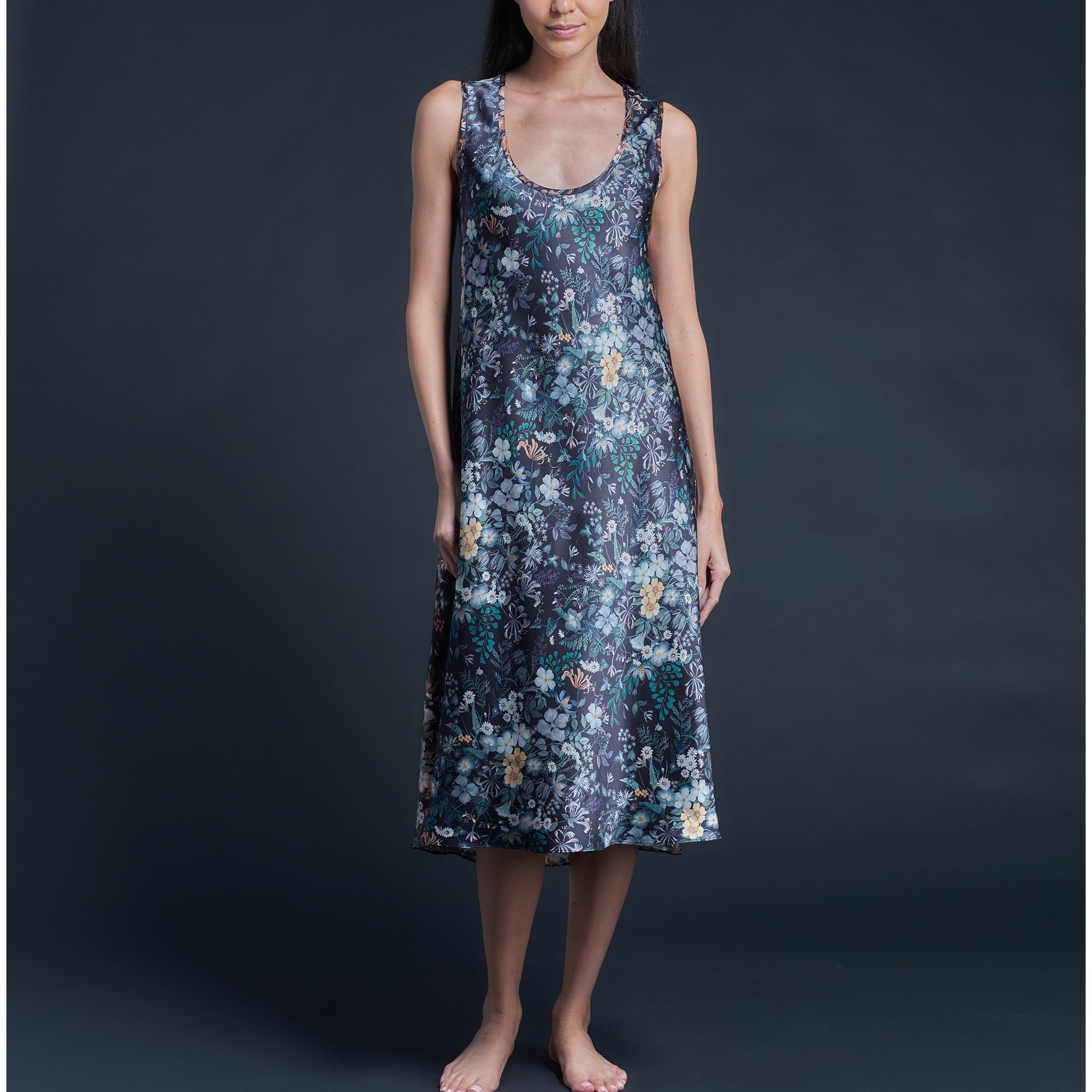 Ariadne Bias Cut Midi Slip Dress in Liberty Print Silk Charmeuse