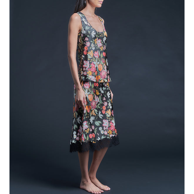Kali Half Slip in Black Stately Bouquet Liberty Print Silk Satin with Lace