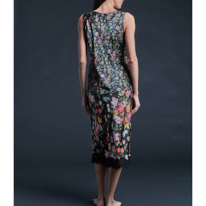 Kali Half Slip in Black Stately Bouquet Liberty Print Silk Satin with Lace