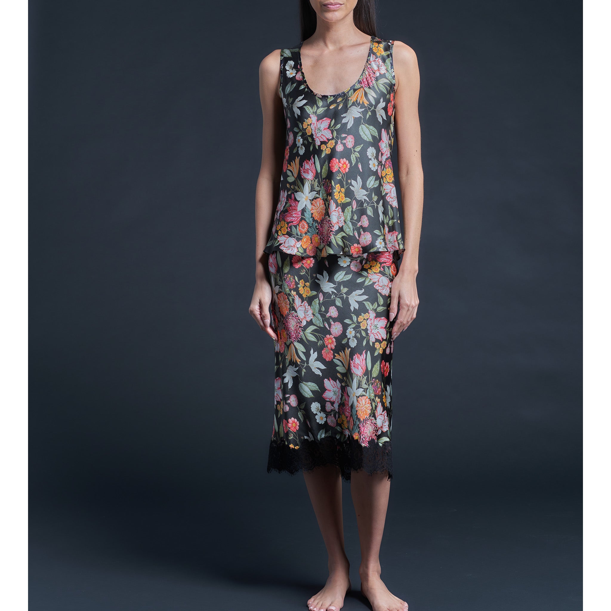Ariadne Bias Cut Shell in Black Stately Bouquet Liberty Print Silk Satin