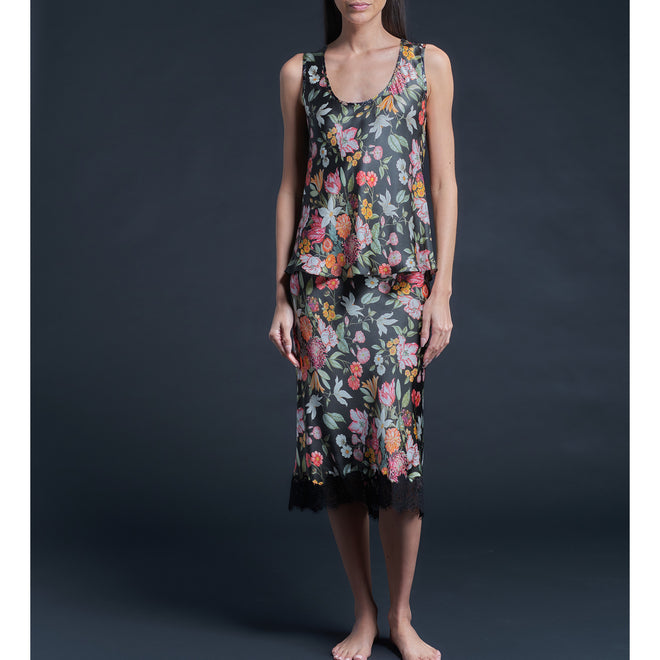 Ariadne Bias Cut Shell in Black Stately Bouquet Liberty Print Silk Satin