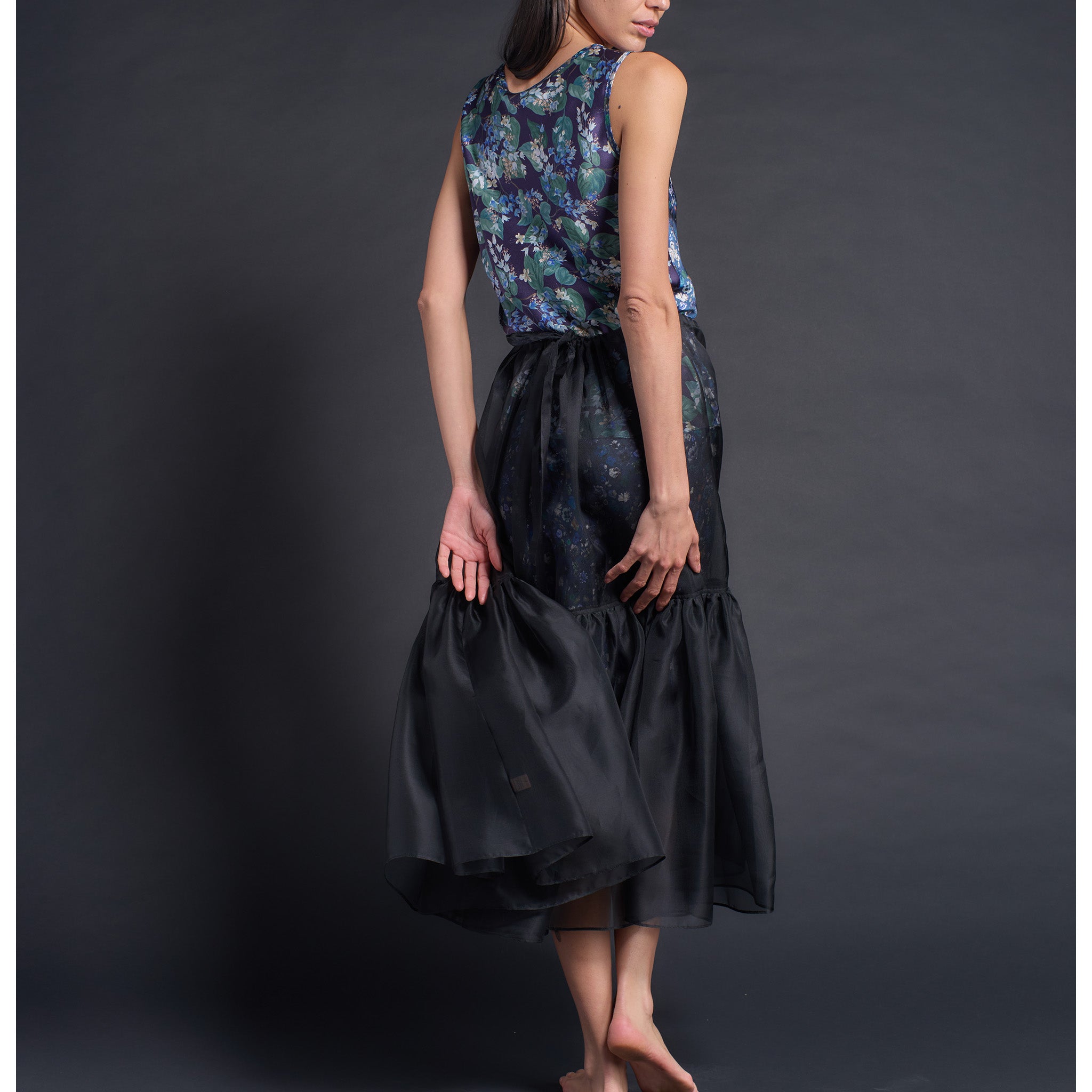 Ariadne Bias Cut Shell in Blue Edit Liberty Print Silk Charmeuse