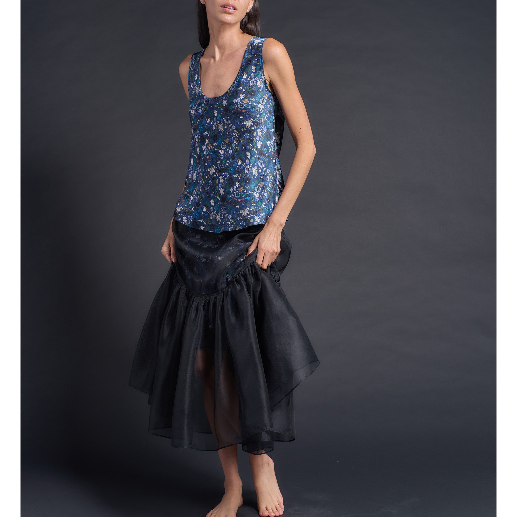 Ariadne Bias Cut Shell in Blue Edit Liberty Print Silk Charmeuse