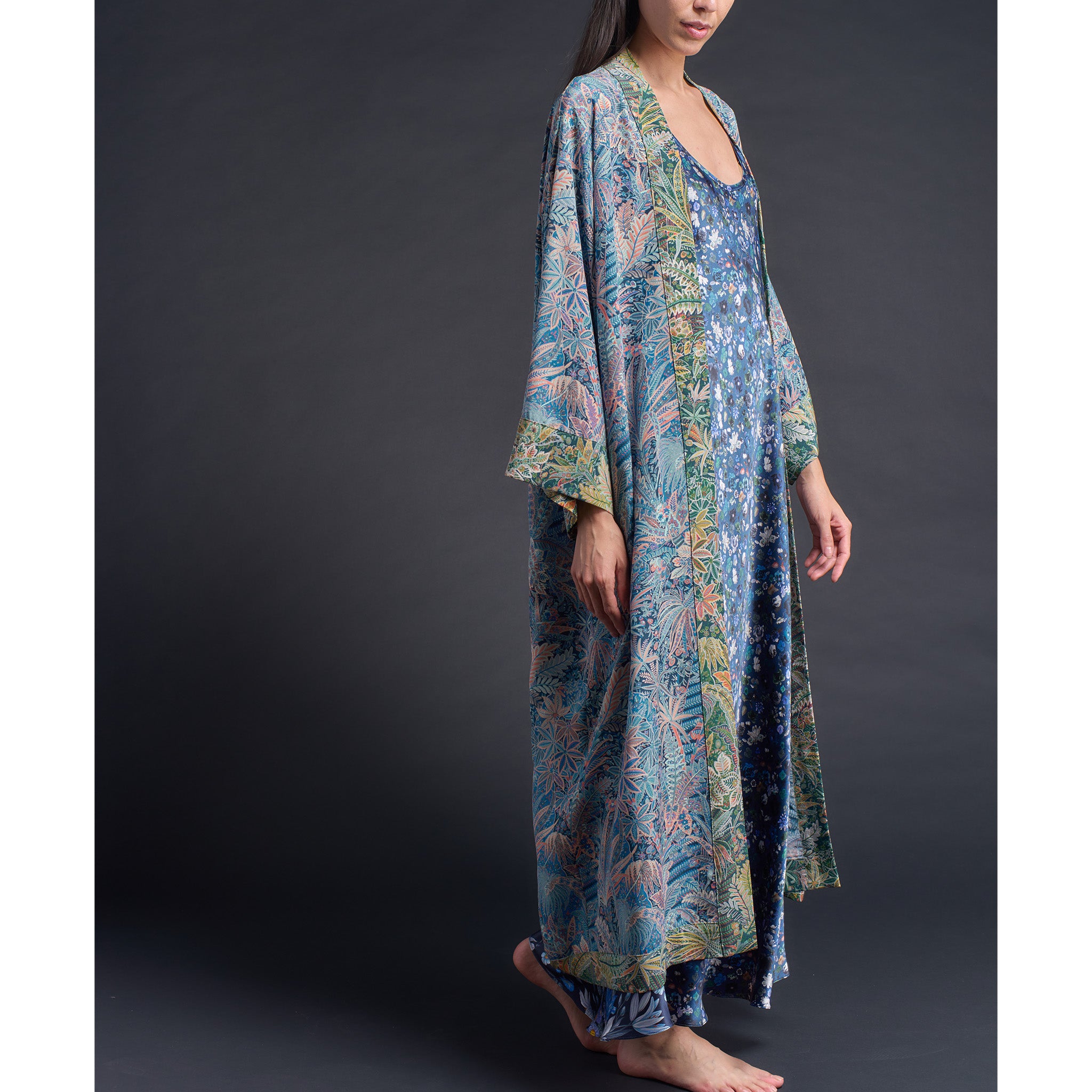 Asteria Kimono Robe in Blue Adelphi Liberty of London Print Silk Crepe De Chine