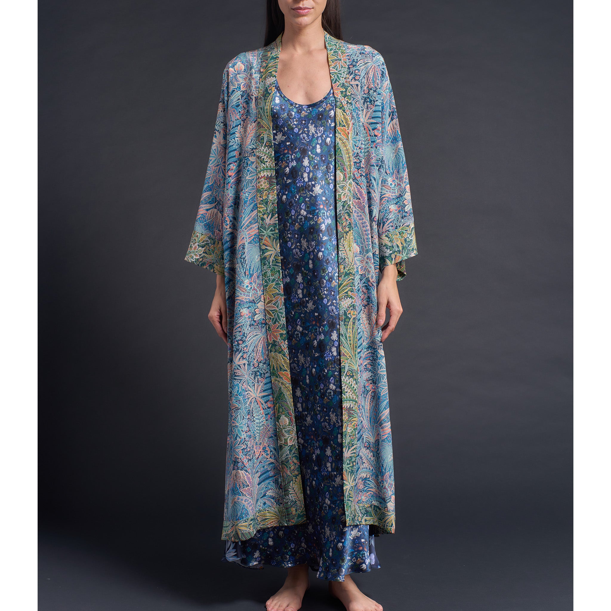 Asteria Kimono Robe in Blue Adelphi Liberty of London Print Silk Crepe De Chine