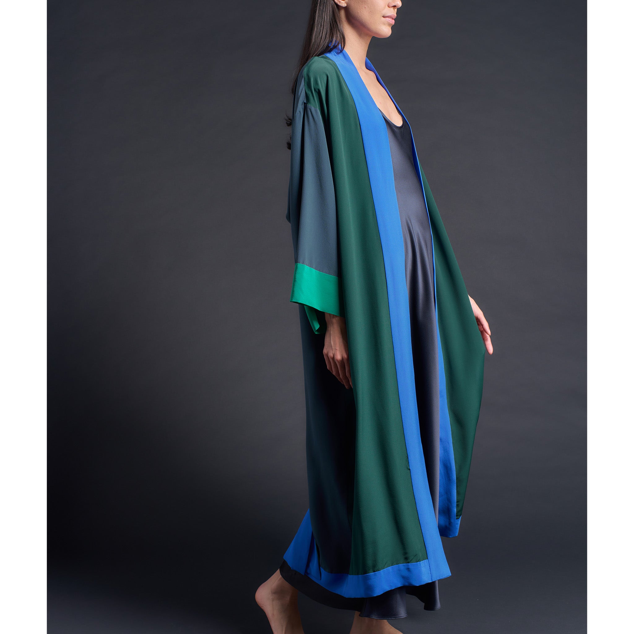 Asteria Kimono Robe in Silk Crepe De Chine Colorblock Greens