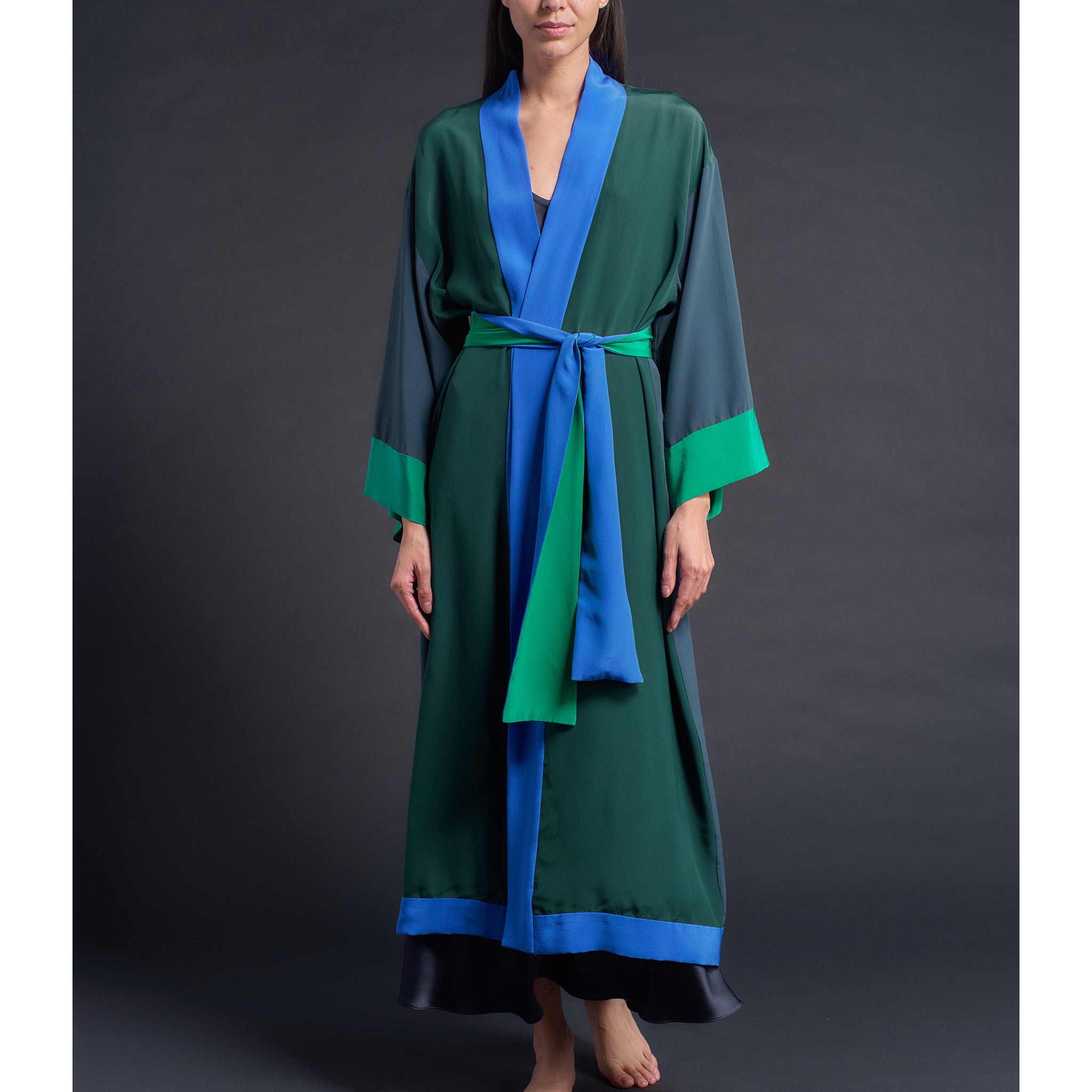 Asteria Kimono Robe in Silk Crepe De Chine Colorblock Greens