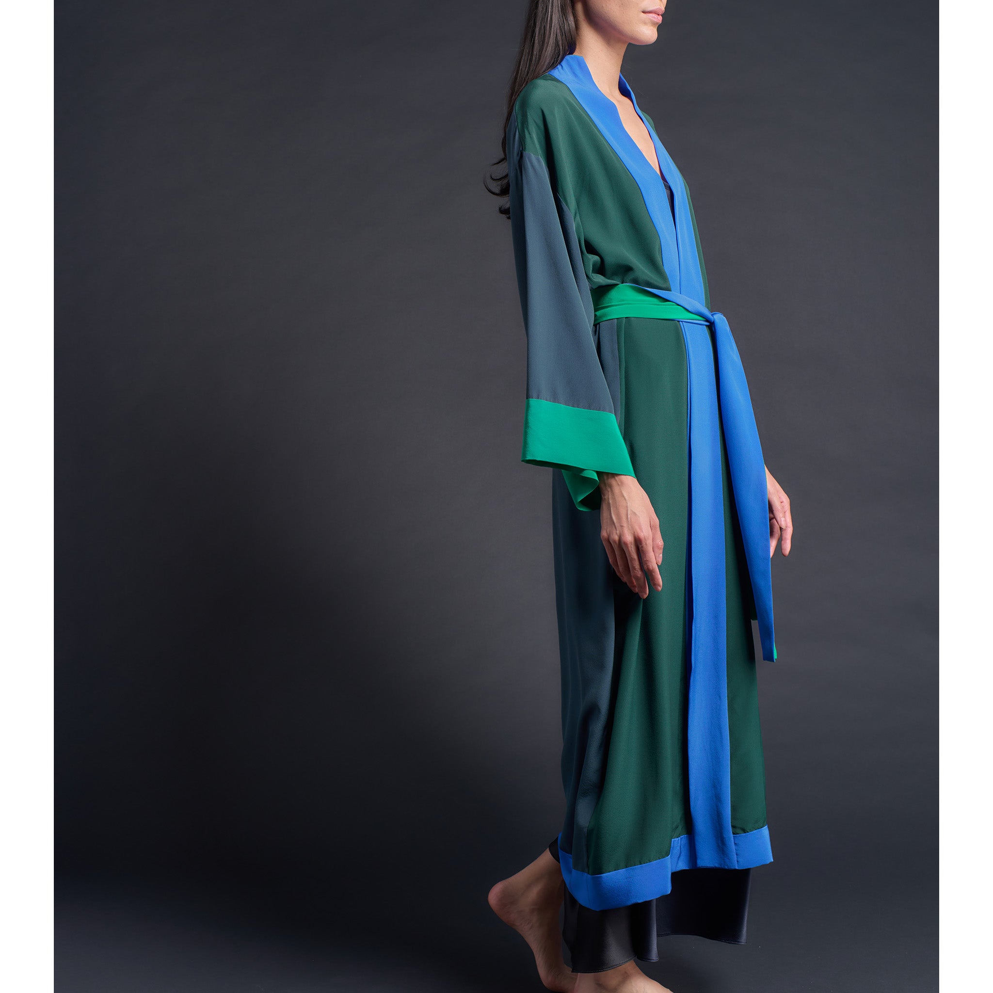 Asteria Kimono Robe in Silk Crepe De Chine Colorblock Greens