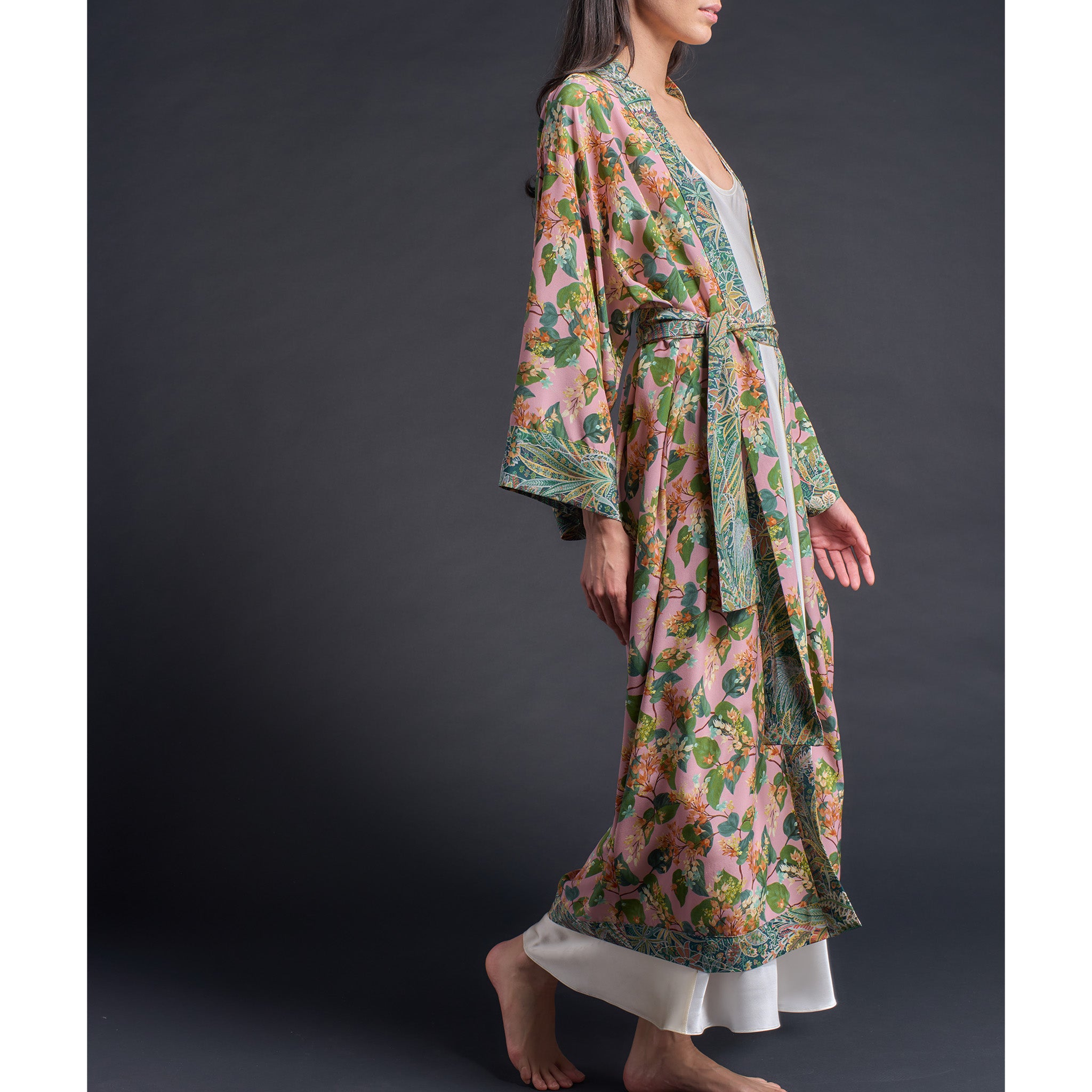 Asteria Kimono Robe in Pink Osterley Liberty of London Print Silk Crepe De Chine