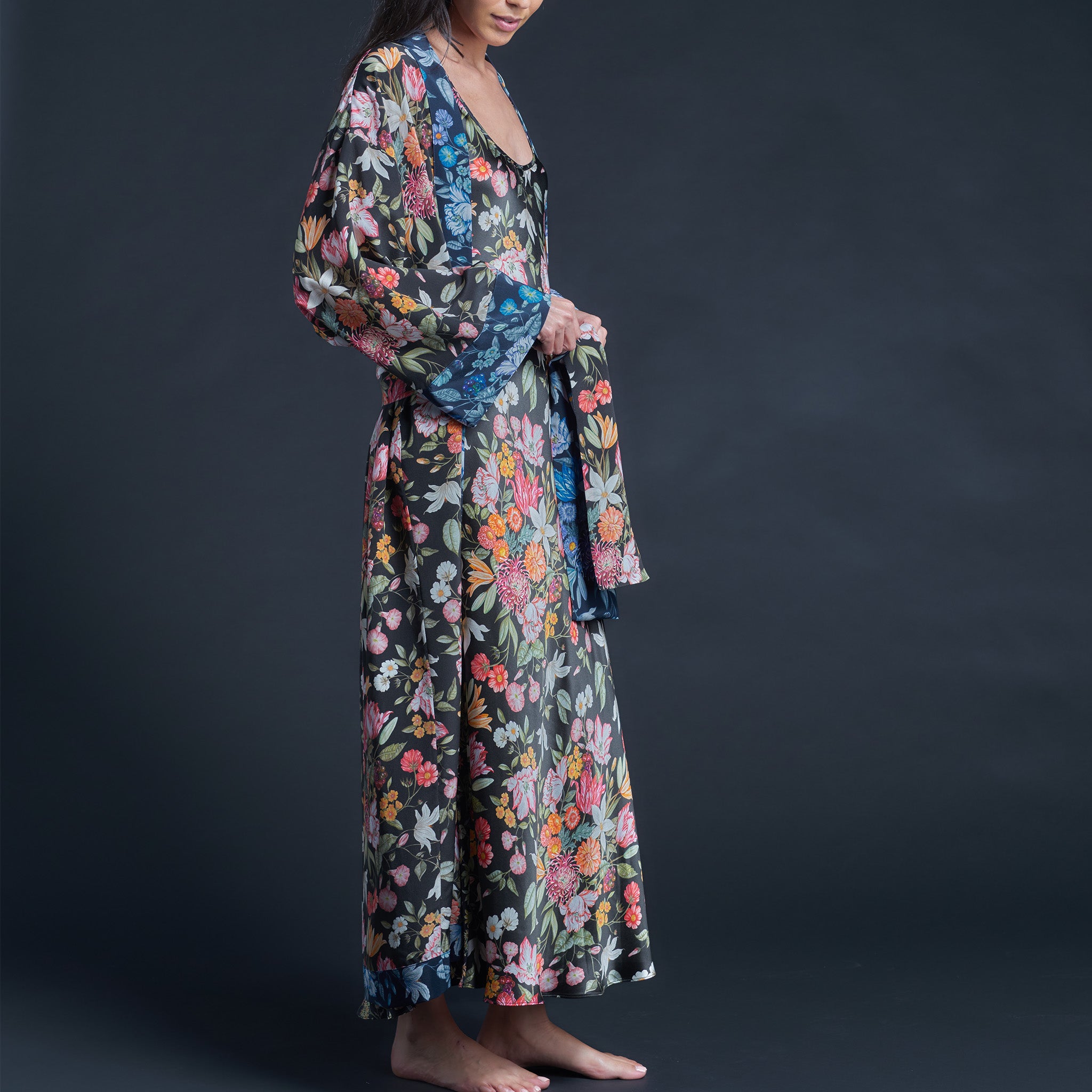 Asteria Kimono Robe in Black Stately Bouquet Liberty of London Print Silk Crepe De Chine