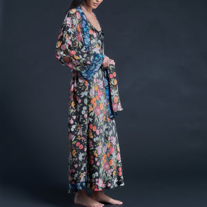 Asteria Kimono Robe in Black Stately Bouquet Liberty of London Print Silk Crepe De Chine