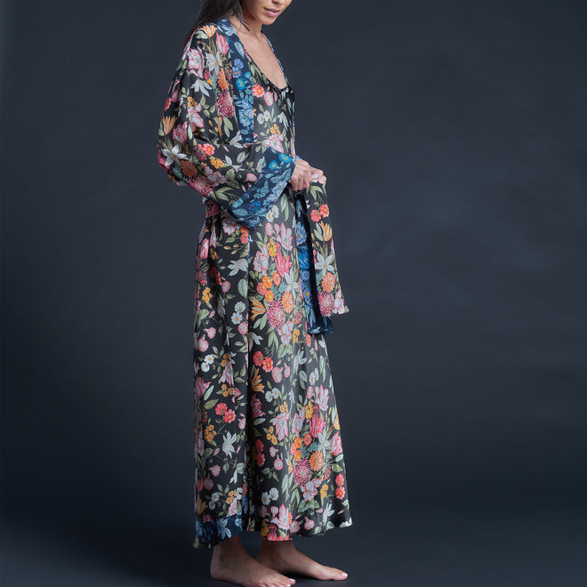 Asteria Kimono Robe in Black Stately Bouquet Liberty of London Print Silk Crepe De Chine