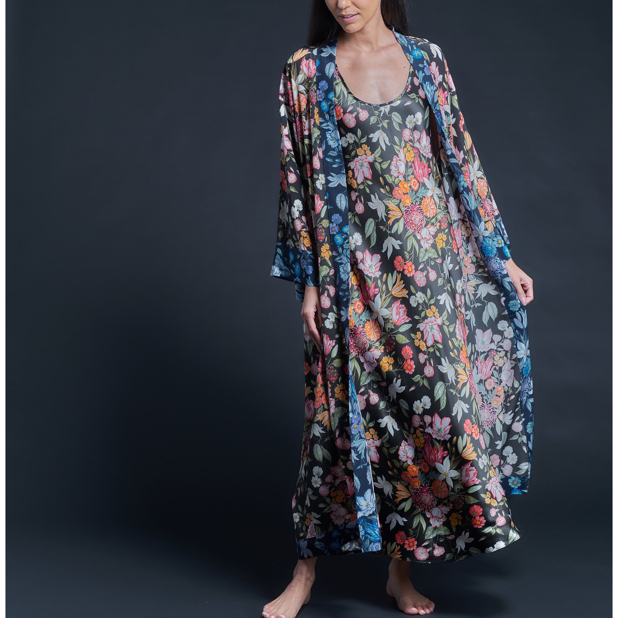 Ariadne Bias Cut Slip Dress in Black Stately Bouquet Liberty Print Sil – LFrank