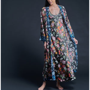 Ariadne Bias Cut Slip Dress in Black Stately Bouquet Liberty Print Silk Charmeuse