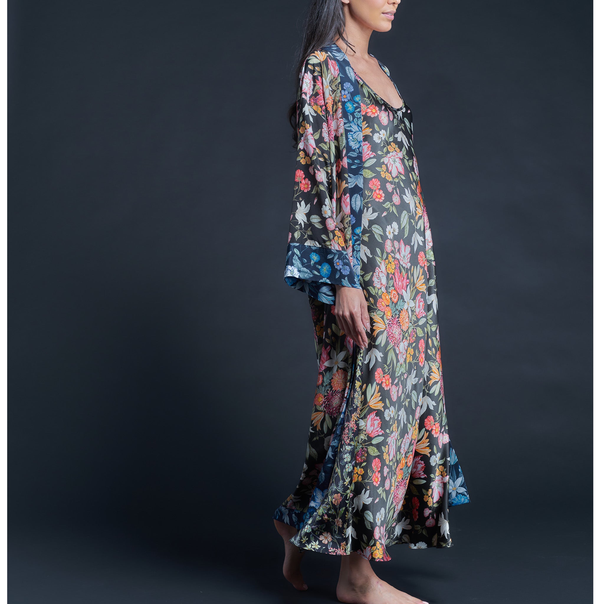 Asteria Kimono Robe in Black Stately Bouquet Liberty of London Print Silk Crepe De Chine