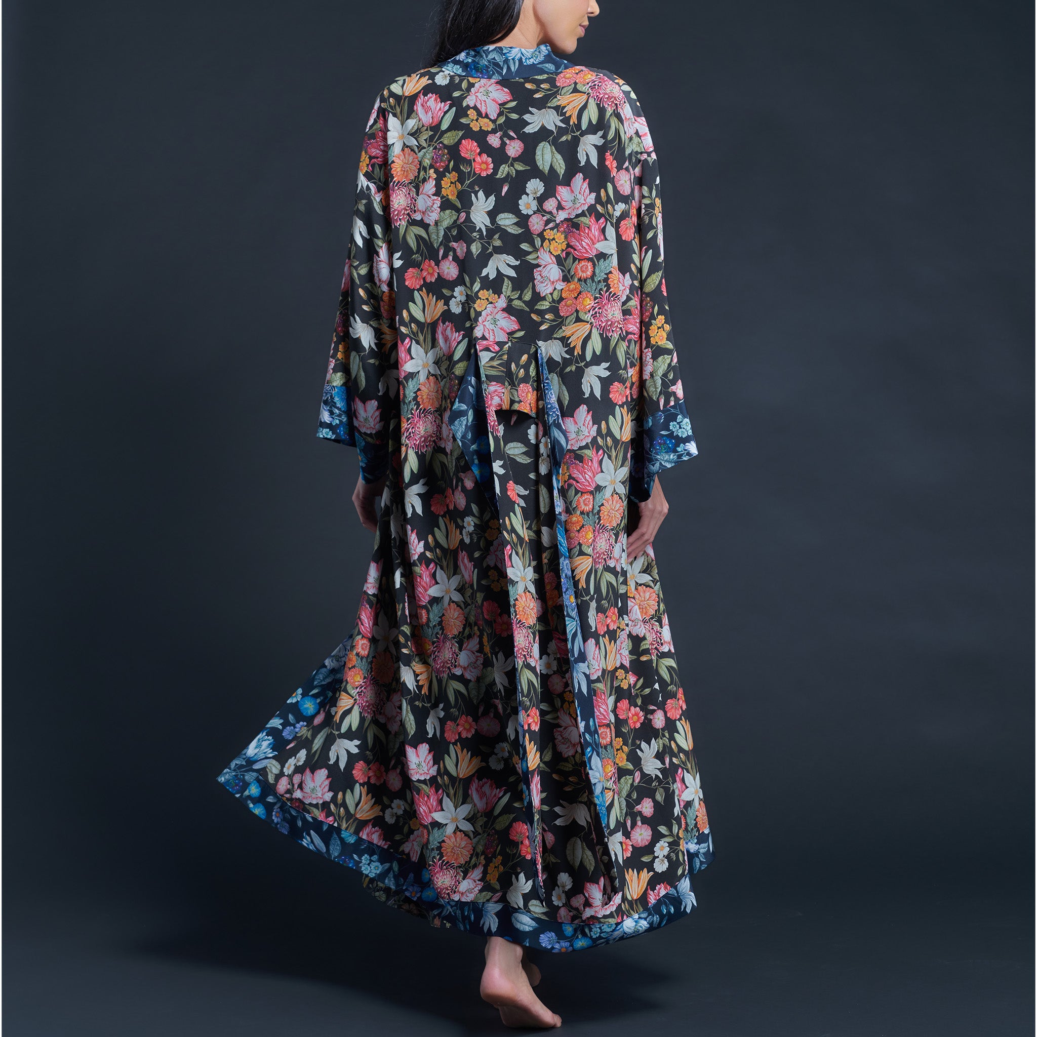 Asteria Kimono Robe in Black Stately Bouquet Liberty of London Print Silk Crepe De Chine