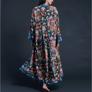 Asteria Kimono Robe in Black Stately Bouquet Liberty of London Print Silk Crepe De Chine