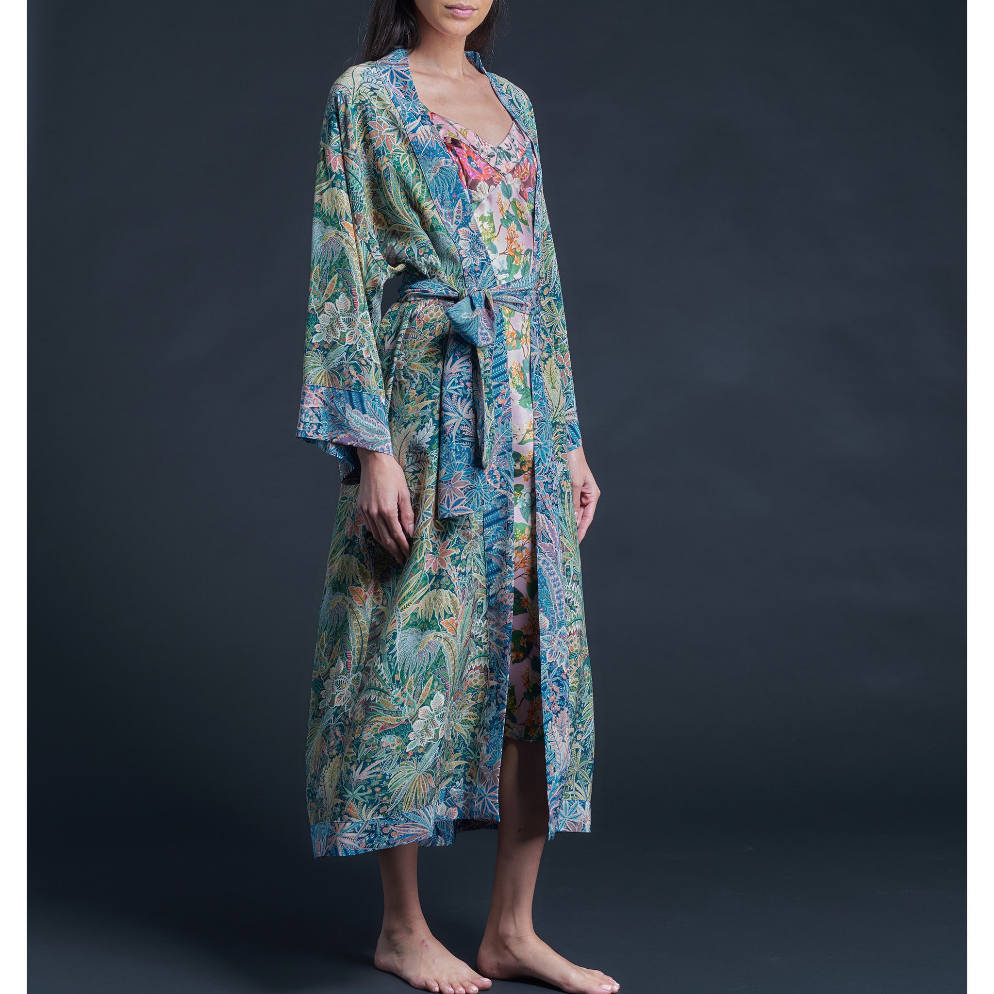 Asteria Kimono Robe in Green Adelphi Liberty of London Print Silk Crepe De Chine