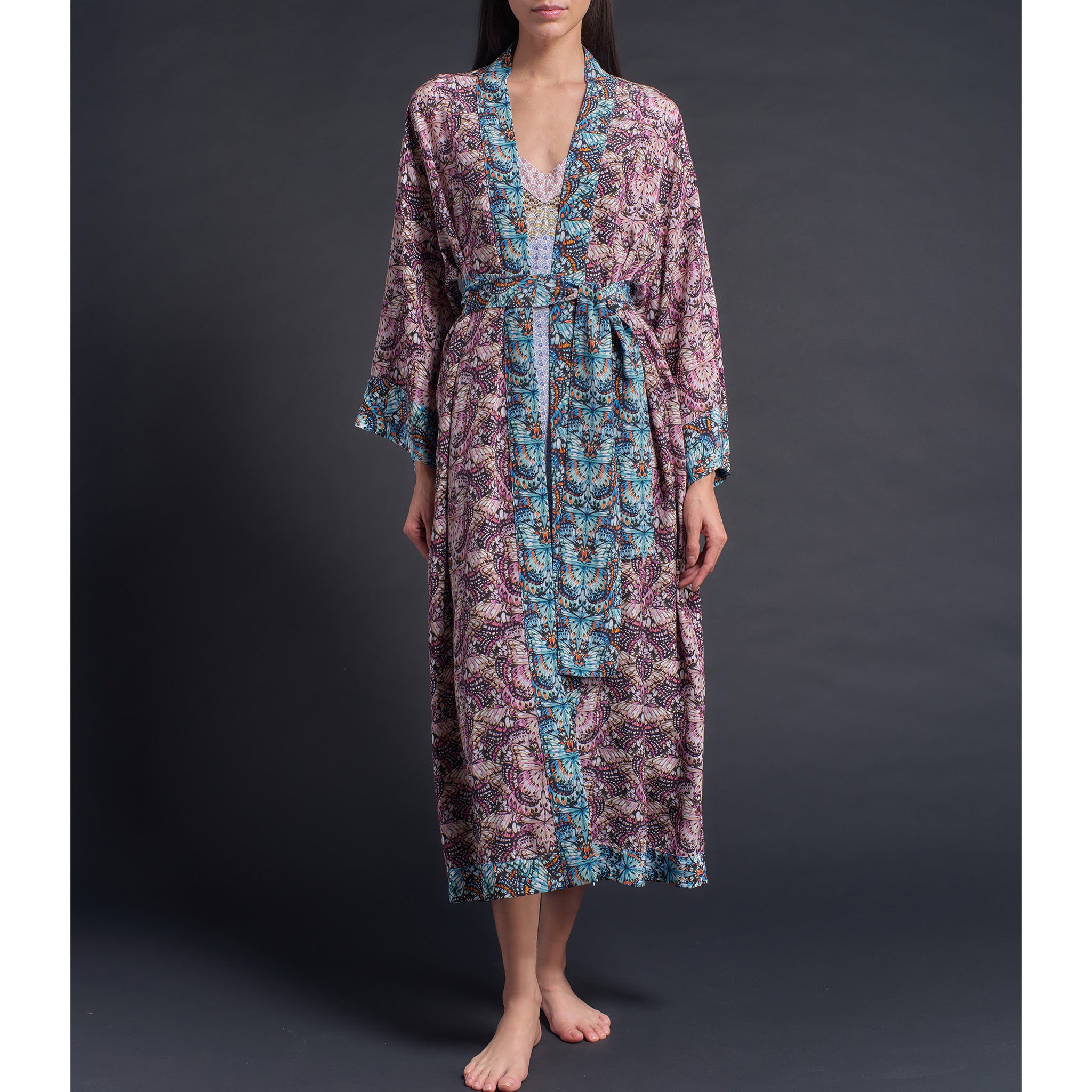 Asteria Kimono Robe in Pink Kaleidoscope Liberty of London Print Silk Crepe De Chine