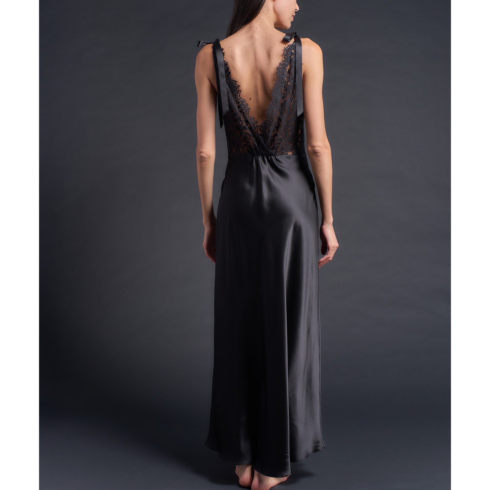 Ava Silk Charmeuse Slip Dress in Black with Lace Back
