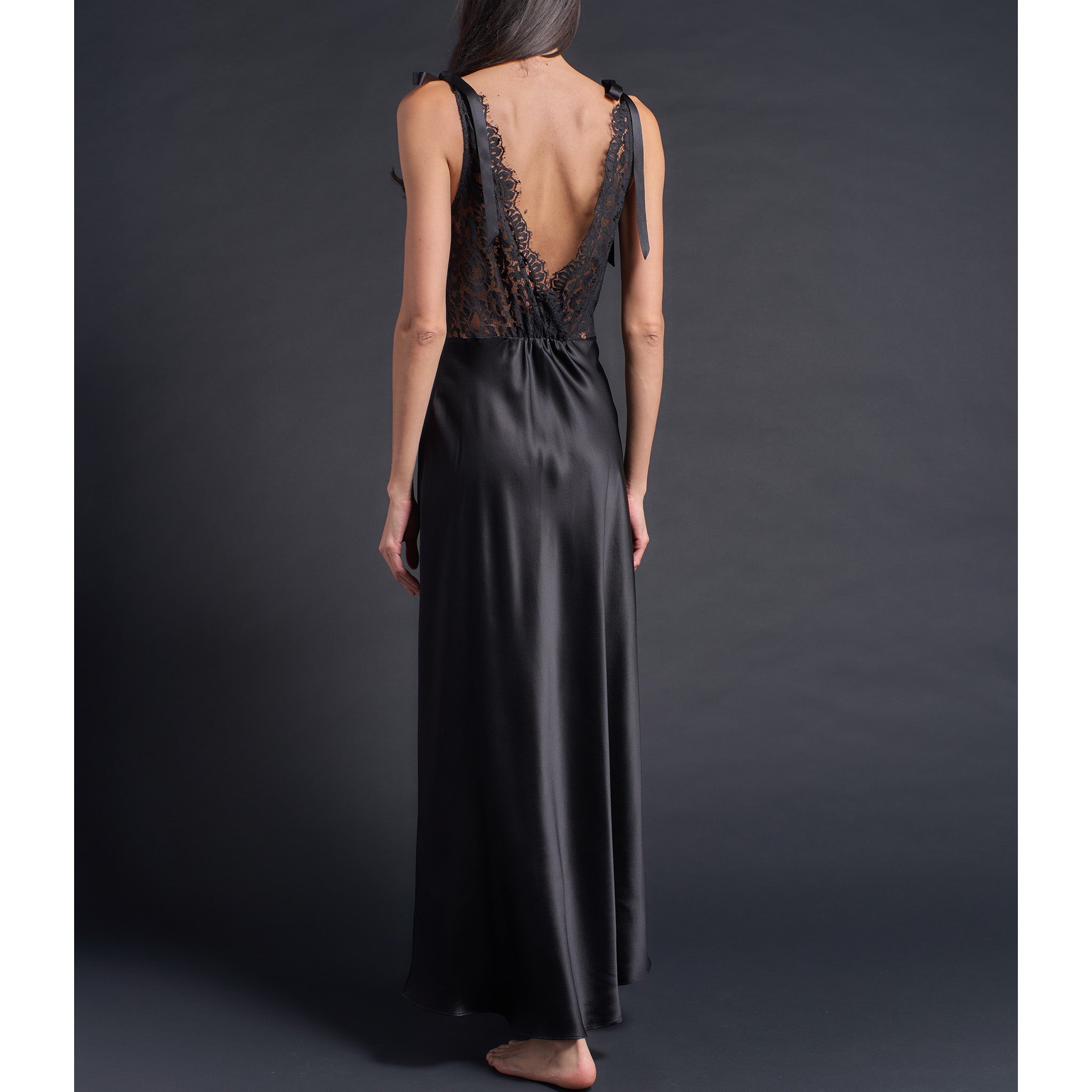 Ava Silk Charmeuse Slip Dress in Black with Lace Back