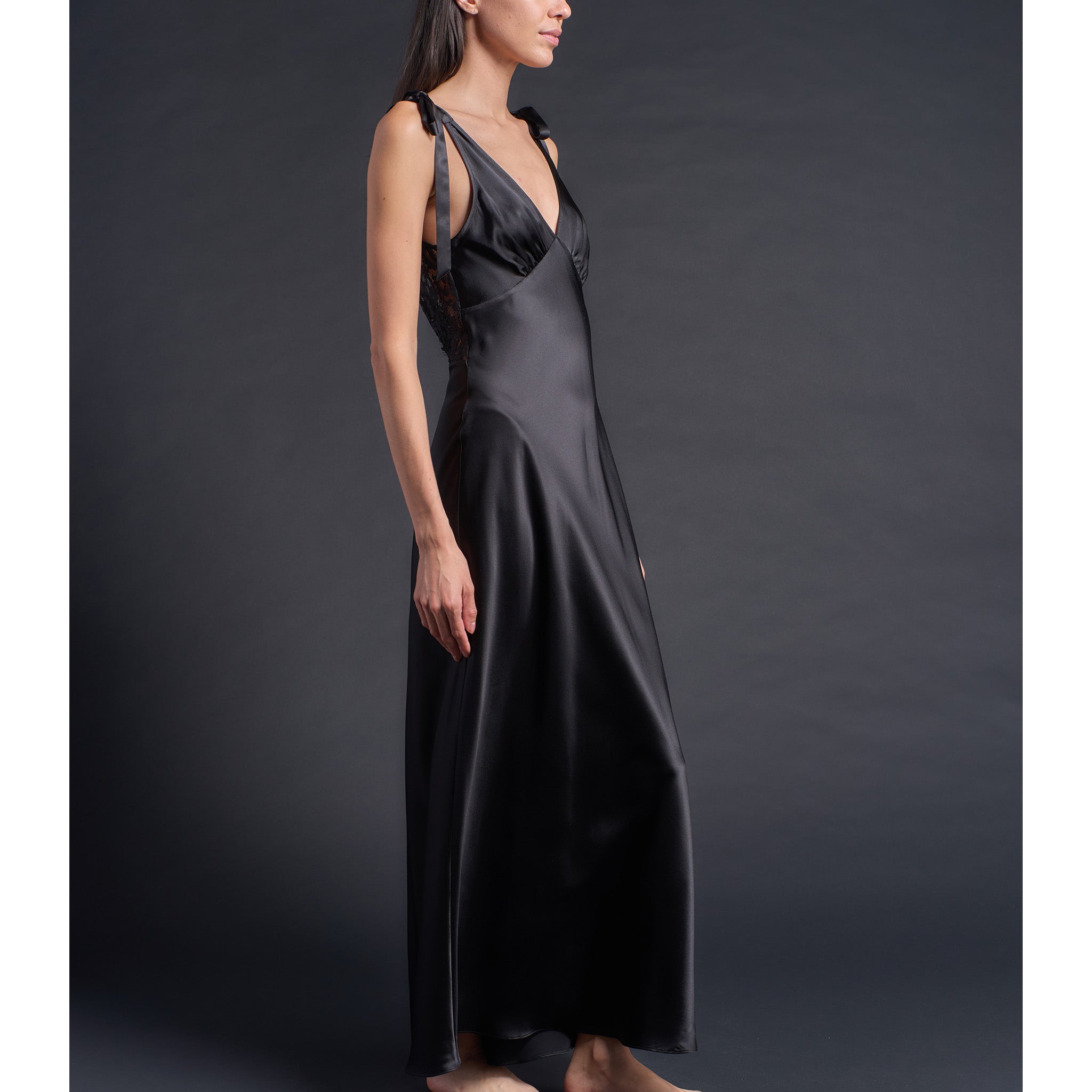 Ava Silk Charmeuse Slip Dress in Black with Lace Back