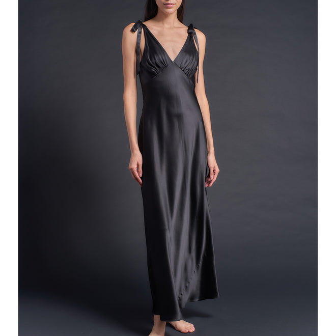 Ava Silk Charmeuse Slip Dress in Black with Lace Back