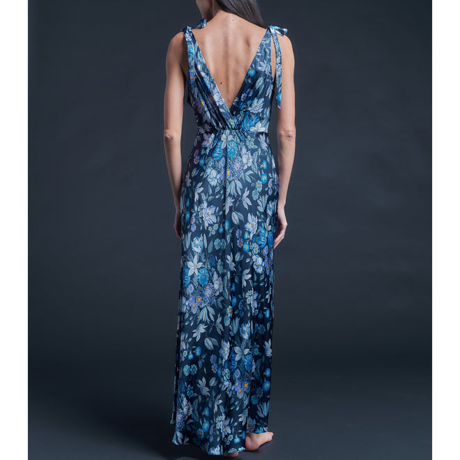 Ava Blue Stately Bouquet Liberty Print Silk Charmeuse Slip Dress