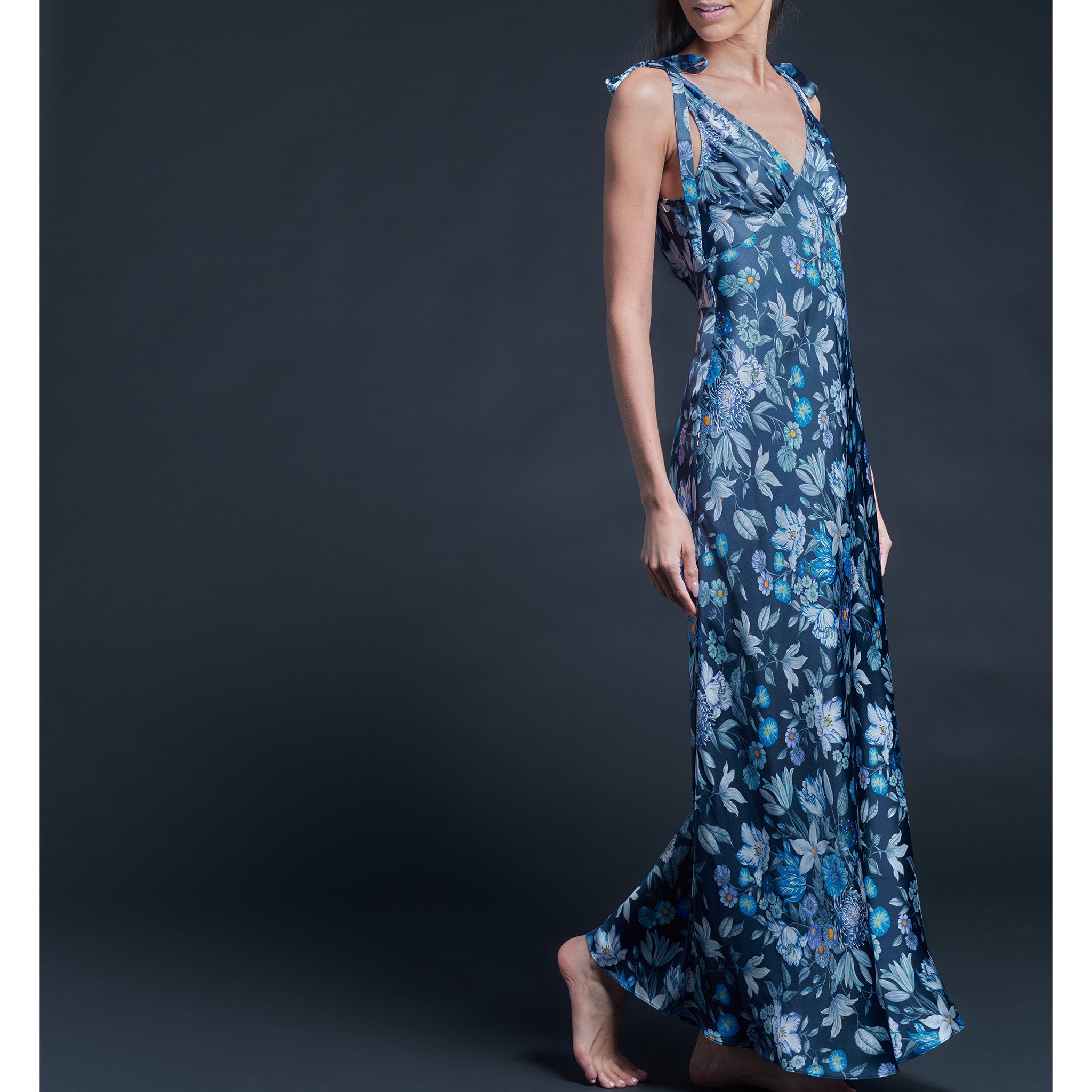 Ava Blue Stately Bouquet Liberty Print Silk Charmeuse Slip Dress