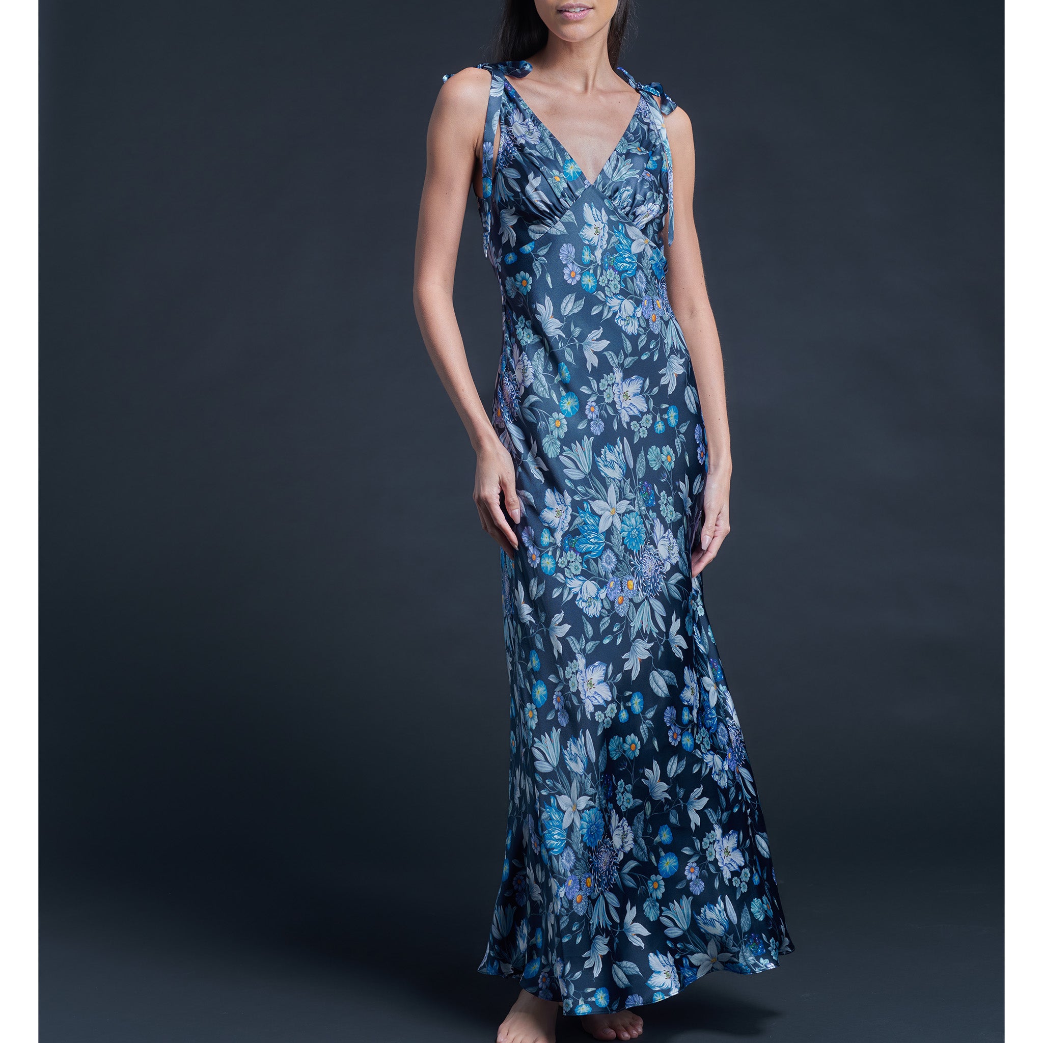 Ava Blue Stately Bouquet Liberty Print Silk Charmeuse Slip Dress