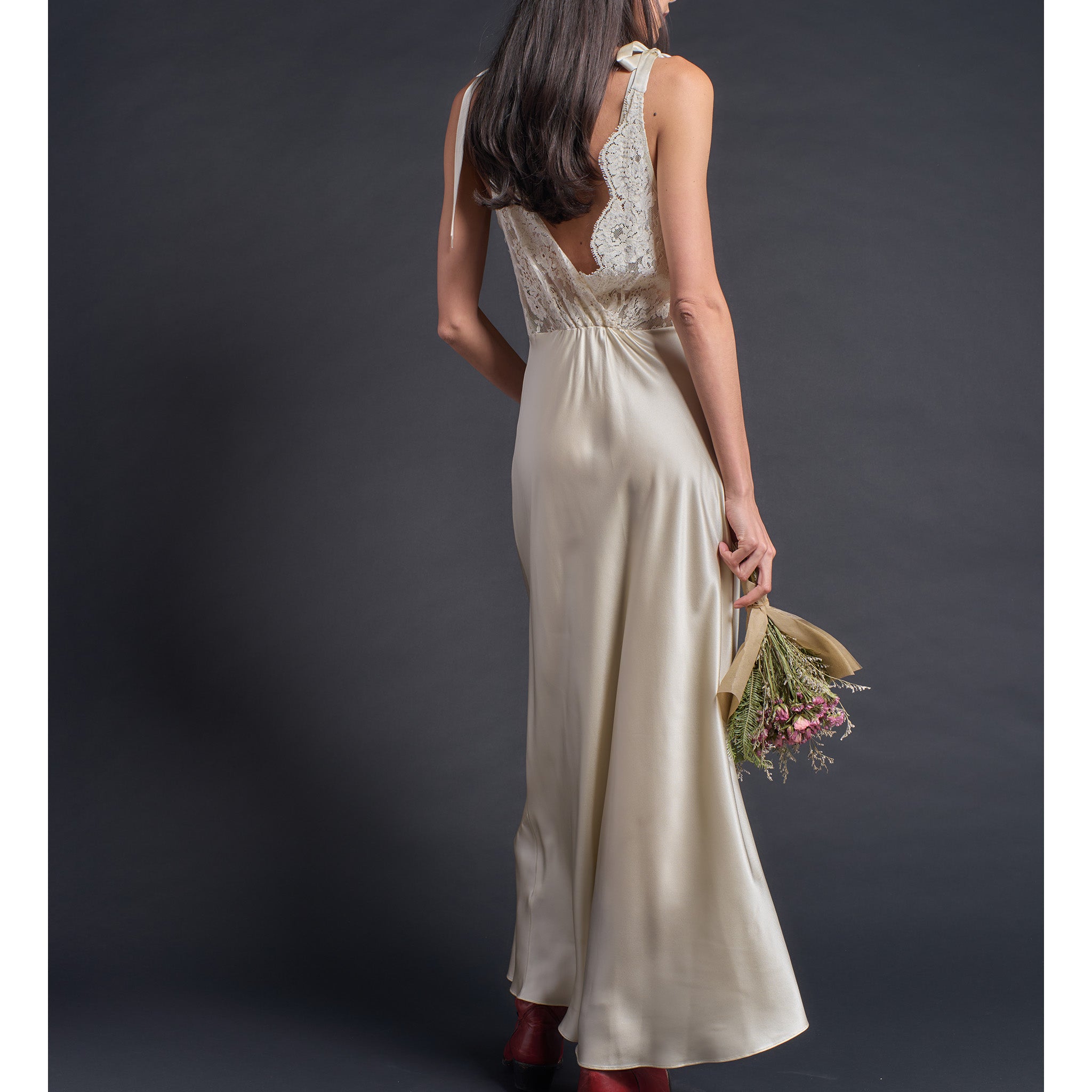 Ava Silk Charmeuse Slip Dress in Topaz with Lace Back