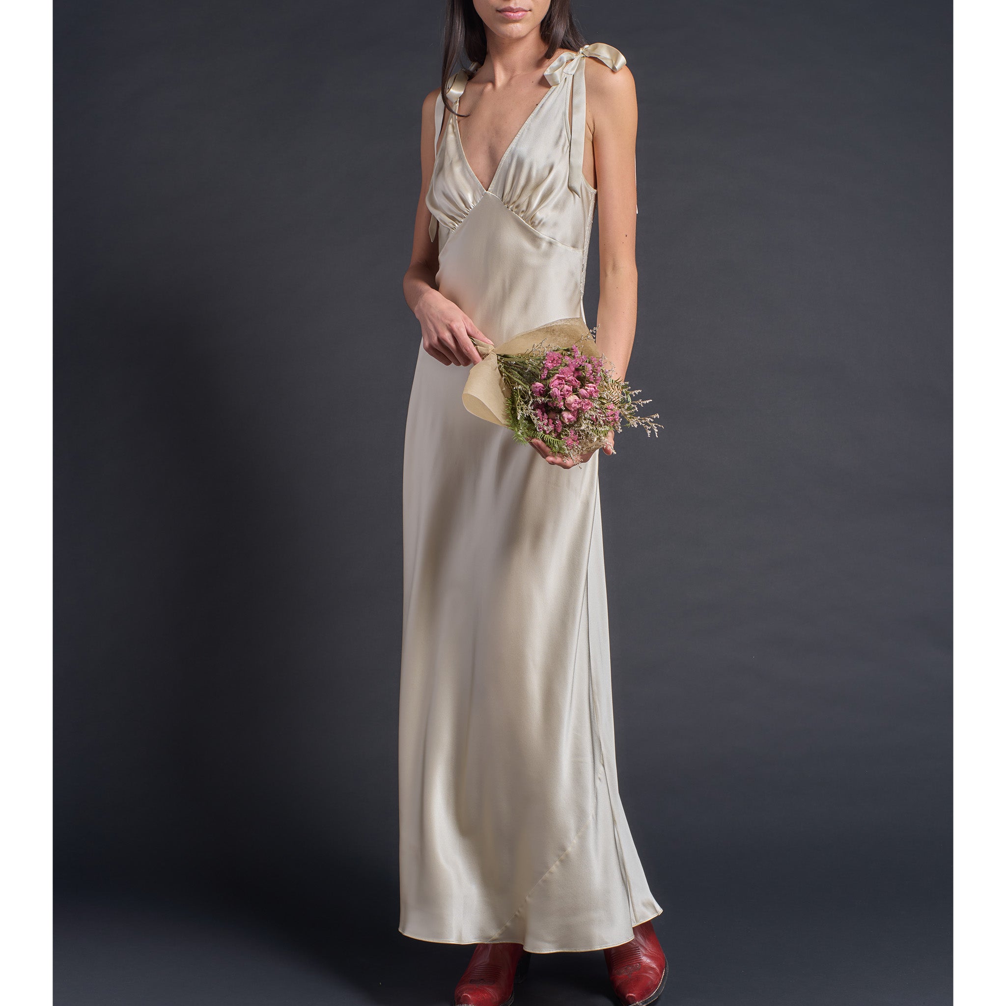 Ava Silk Charmeuse Slip Dress in Topaz with Lace Back