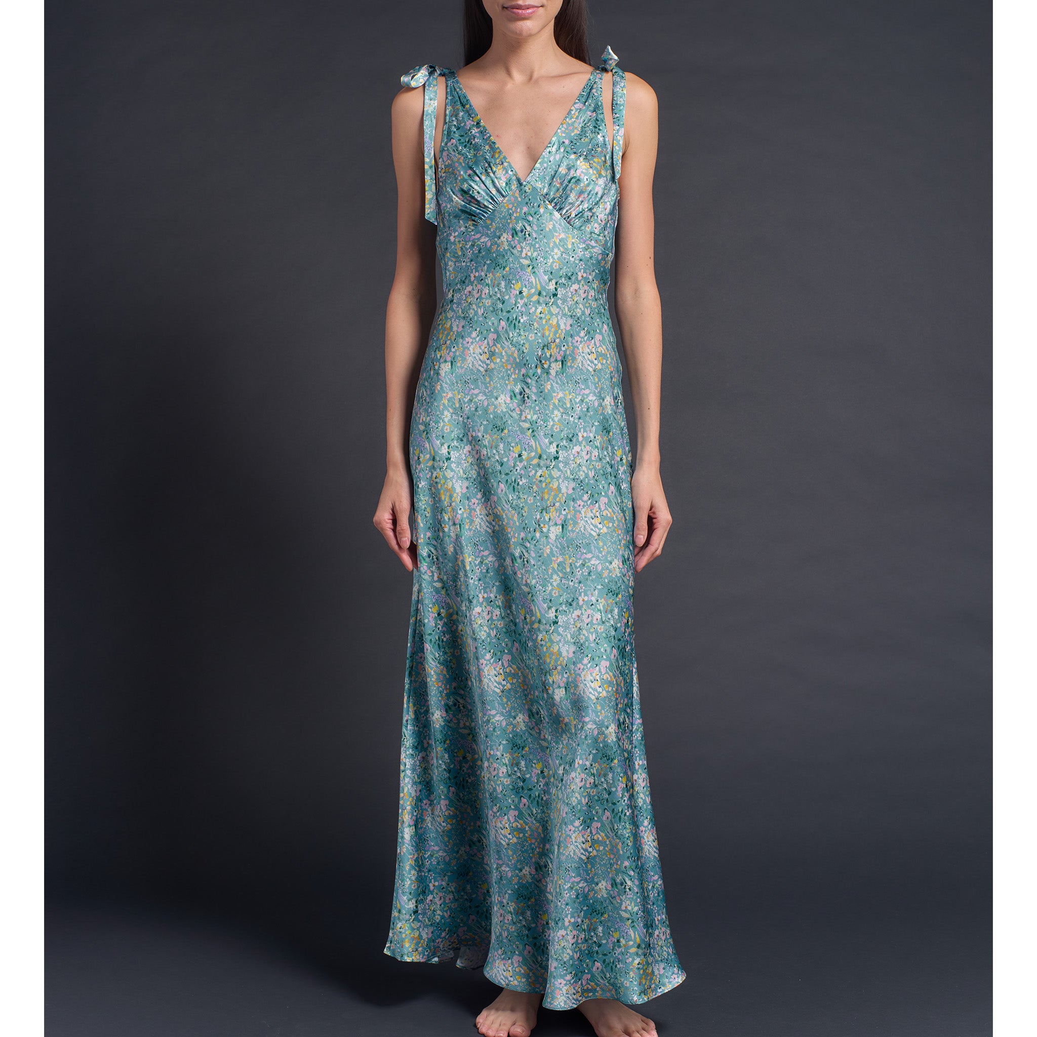 Ava Turquoise Felda Liberty Print Silk Charmeuse Slip Dress