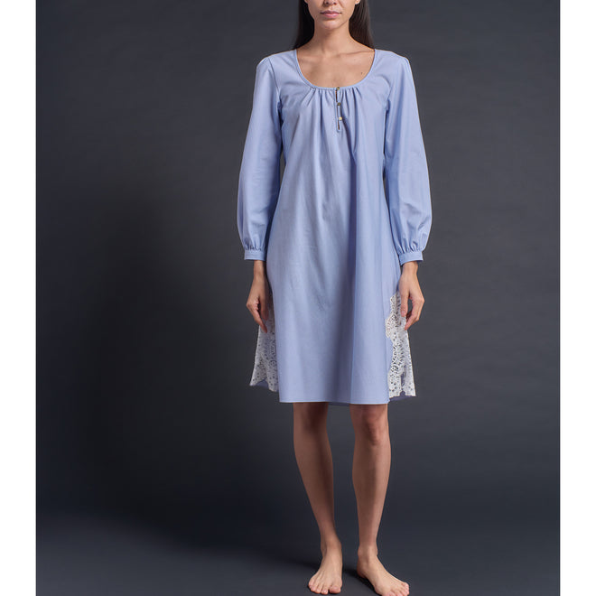 Bast Knee Length Sleep Shirt in Blue Check Italian Cotton