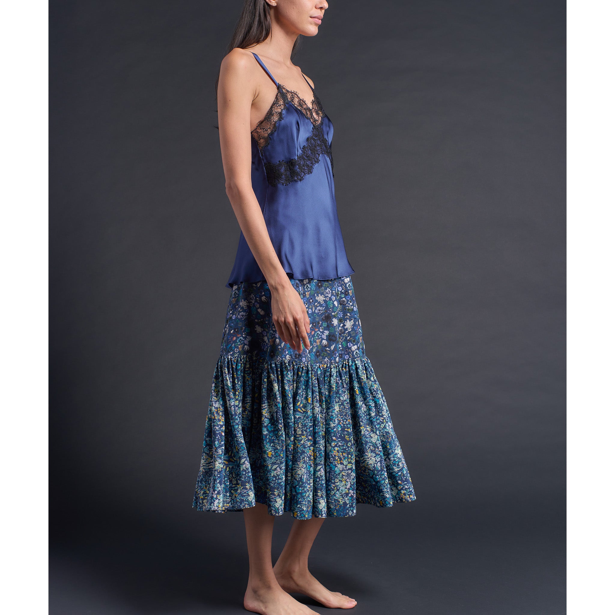 Brigitte Ruffle Skirt in Liberty Print Blue Felda Silk Crepe de Chine