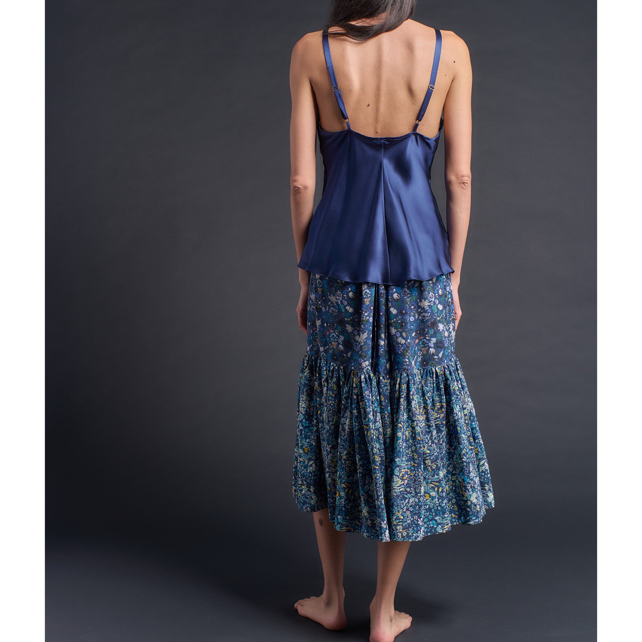Brigitte Ruffle Skirt in Liberty Print Blue Felda Silk Crepe de Chine