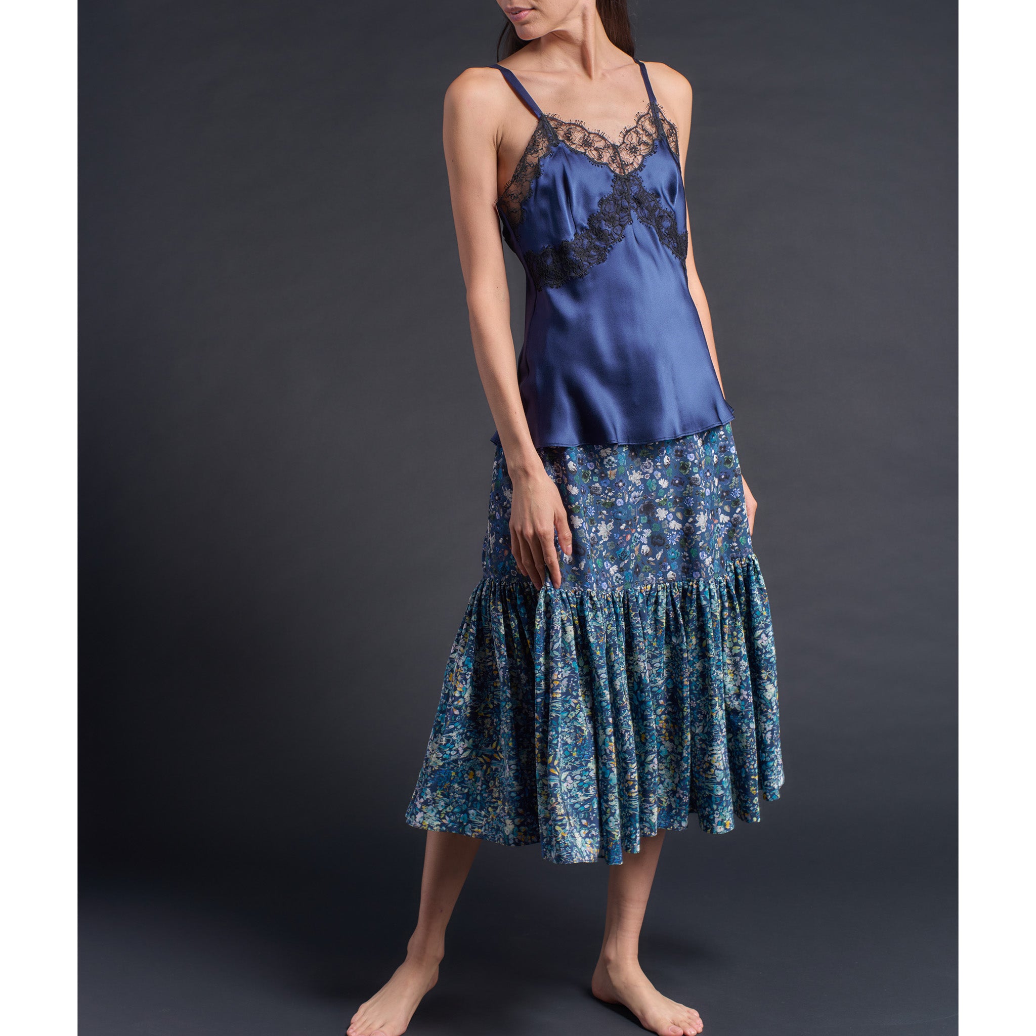 Brigitte Ruffle Skirt in Liberty Print Blue Felda Silk Crepe de Chine