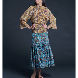 Longer Brigitte Ruffle Skirt in Blue Kaleidoscope Liberty Print Silk Crepe de Chine